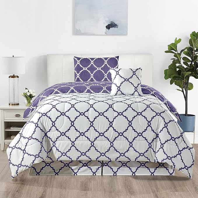 LUX Décor Reversible 4pc Twin Comforter Set, Printed Bedding Set, All-in-One Bed in a Bag, Includes 1 Comforter, 1 Pillow Sham, 1 Decor Pillow & 1 Bed Skirt (Quatrefoil Lavender,Twin)