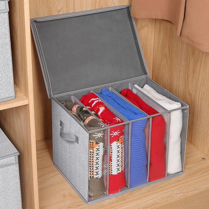 Zilink Upgraded Sweater Storage for Closet Shelf with Lids and Support Boards Clothes Organizer for Closet with 5 Grids Divider Sweater Organizers for Sweaters, Jeans, Pants, Grey Pattern, 3 Pack - Image 5