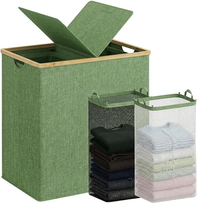 efluky Laundry Hamper with Lid, Double Laundry Hamper with 2 Removable Bags, 2 Section Laundry Basket with Bamboo Handles for Bathroom, Bedroom & Laundry Room,140L Green by efluky