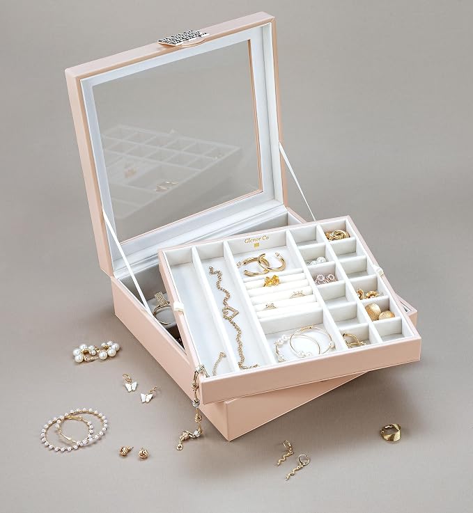Glenor Co 28 Section Jewelry Box - 2 Layer - Buckle Snap & Magnet Closure - Large Glass Top - Leather Design - Sand - Jewelry Organizer for Women & Girls - for Earring Ring Necklace & Bracelet - Image 5