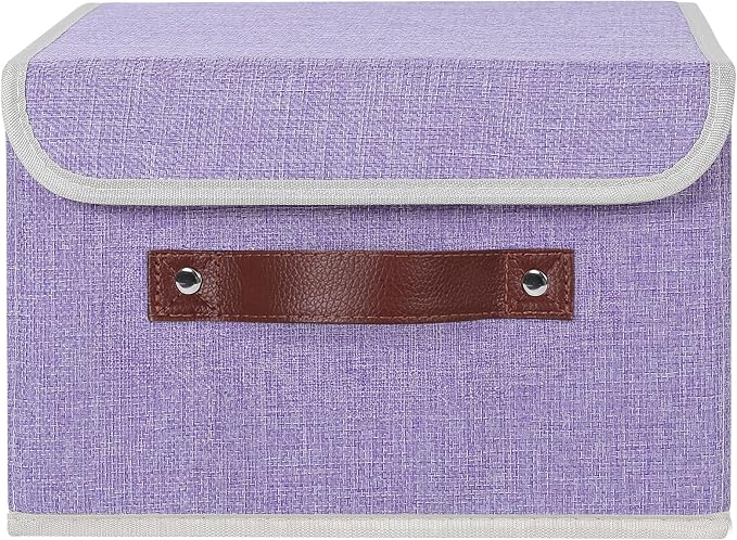 ANMINY Storage Bin with Lid Storage Boxes with PU Leather Handles PP Plastic Board Decorative Foldable Lidded Cotton Linen Fabric Home Cubes Baskets Closet Organizer Container - Purple, Small Size - Image 2