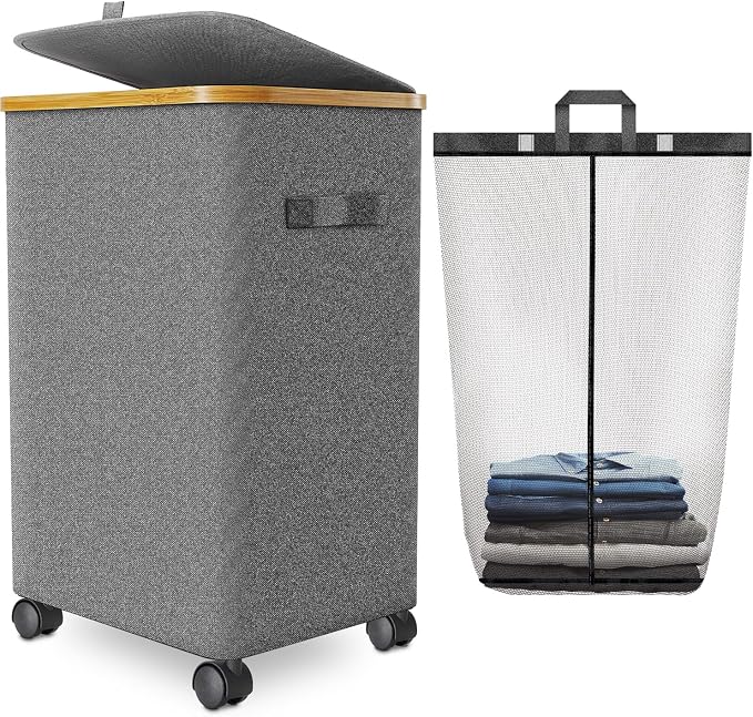 Laundry Hamper with Wheels,20 Gal (75L) Laundry Basket with lid Rolling Clothes Hamper Foldable Dirty Clothes Basket on wheels with Bamboo Frame and Bag for Bedroom, Dorm, Laundry Room-Grey by Wuevu
