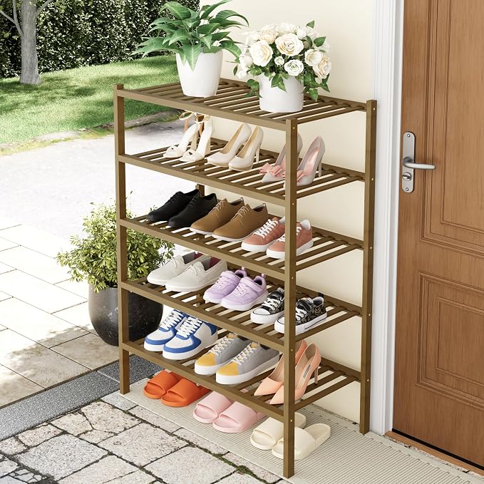 Smiry Shoe Rack, 5 Tier Thick Bamboo Shoe Organizer, Stackable Free Standing Wooden Shoe Storage Shelf for Closet, Entryway, Front Door Entrance, Walnut - Image 7