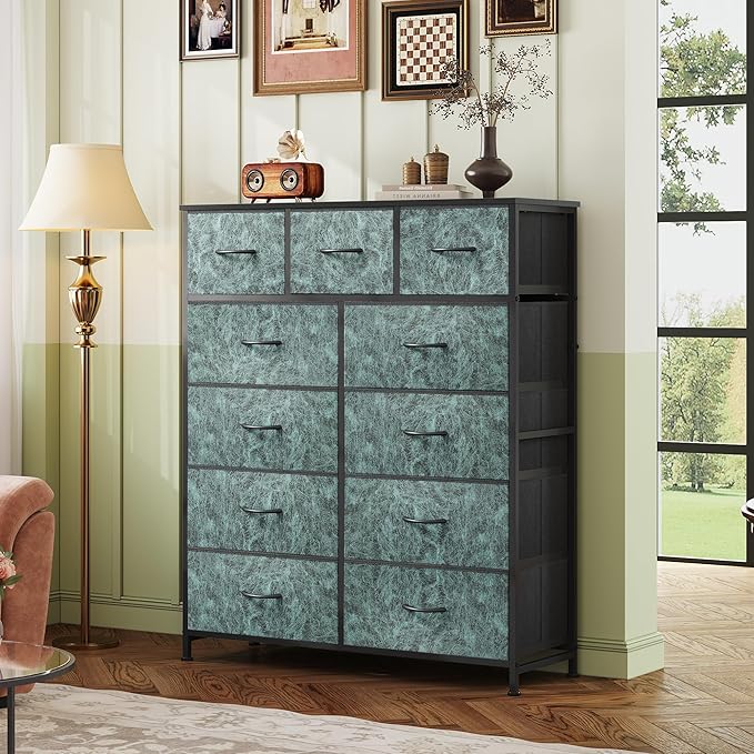 WLIVE Storage Organizer Unit with 11 Fabric Bins, Storage Drawers Organizer with Steel Frame, Tall Storage Tower Organizaton for Living Room, Hallway, Office, Vintage Green - Image 2