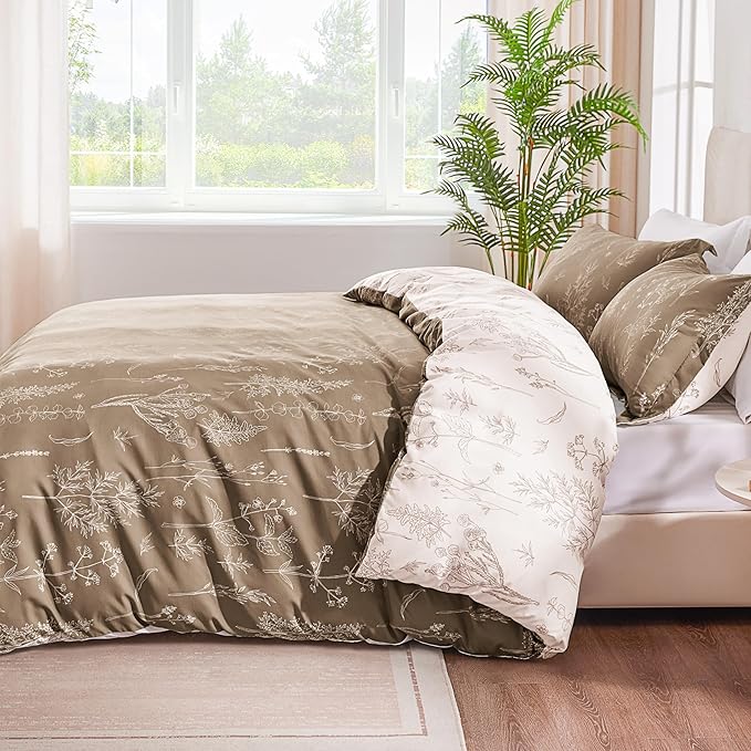 Love's cabin Light Taupe Comforter Set Queen - Queen Size Comforter Set, 3 Pieces Cute Floral Bedding Sets for All Seasons,1 Soft Reversible Botanical Flowers Comforter and 2 Pillow Shams