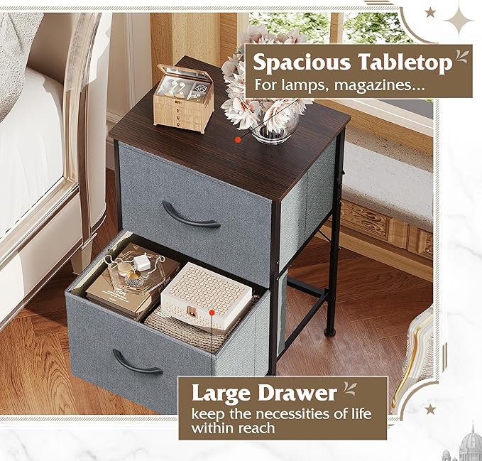 WLIVE Night Stand Set 2, Dresser and Nightstand Sets, Nightstands for Bedroom with 2 Fabric Drawer, End Tables Bedroom Furniture Set, Closet, College Dorm, Dark Grey