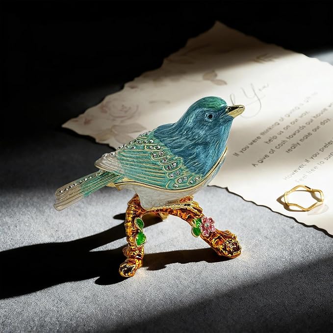 YU FENG Enamel Bird Trinket Box Jewelry Organizer, Hand Painted Decorative Hinged Keepsake Box – Blue Green Perched Bird - Image 2