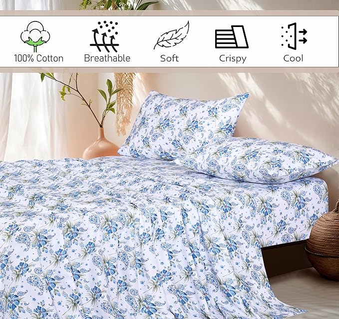 RUVANTI 100% Cotton Sheets – King Size Percale Bedding, Cooling & Breathable Floral Design, Durable with a Crisp, Soft & Comfortable Feel, 16" Deep Pocket, 4-Piece Set, Paislyona