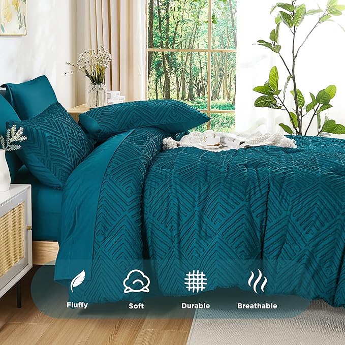 Andency Super King Plus Comforter Set Teal - 7 Pieces Bed in a Bag Oversized King Bedding Sets, Boho Tufted Lightweight Fluffy Bed Set with Comforter, Sheets, Pillowcases & Shams