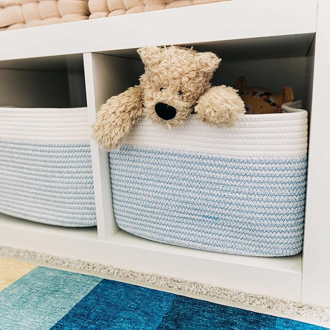 OrganiHaus Cotton Rope Basket for Shelf - Woven Storage Basket for Organizing, Closet & Toy Storage - Blue/White - 15x9x10 - Image 4