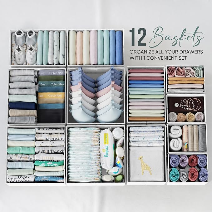 Drawer Organizer Clothes Set of 12 White-Grey - Dresser Organizer For Nursery, Bedroom, Closet - Perfect Baby Clothes Organizer and Storage & General Nursery Organization or Dresser Drawer Organizers - Image 3