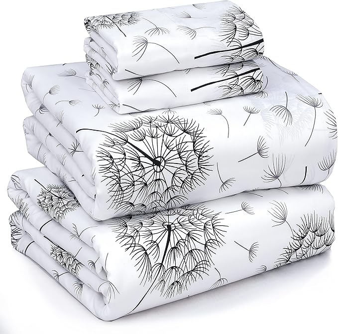 RUVANTI 100% Cotton Sheets – King Size Percale Bedding, Cooling & Breathable Floral Design, Durable with a Crisp, Soft & Comfortable Feel, 16" Deep Pocket, 4-Piece Set, Dandelion