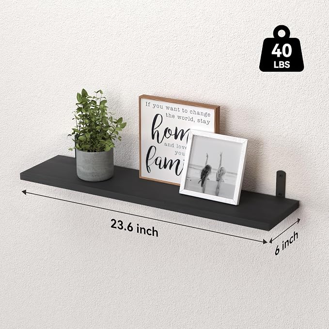 WOPITUES Wood Floating Shelves Set of 6, 24 inch Long Floating Shelves for Wall Decor, Farmhouse Shelf for Bedroom, Bathroom Storage Shelves, Book Shelves for Living Room - Black - Image 3
