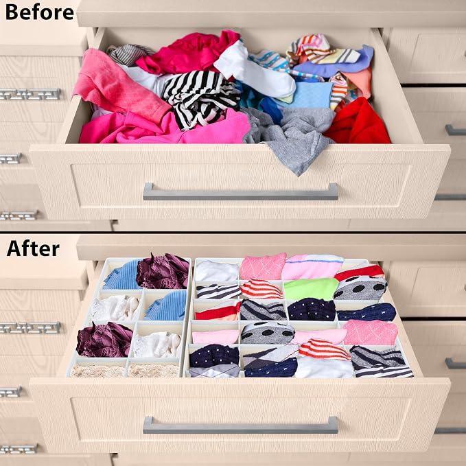 Simple Houseware 4-Pack Drawer Organizer Set - Closet Dividers for Underwear, Socks, Bras, Scarves, Ties - Foldable Non-Woven Storage Boxes, Beige - Image 3