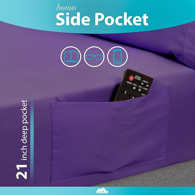 DREAMCARE King Size Sheets Set - 6 pcs Breathable Cooling Bed Sheets - up to 21" Extra Deep Pocket King Sheet Set with Side Pockets - Extra Soft 100% Brushed Hypoallergenic Hotel Luxury Bedding Purple