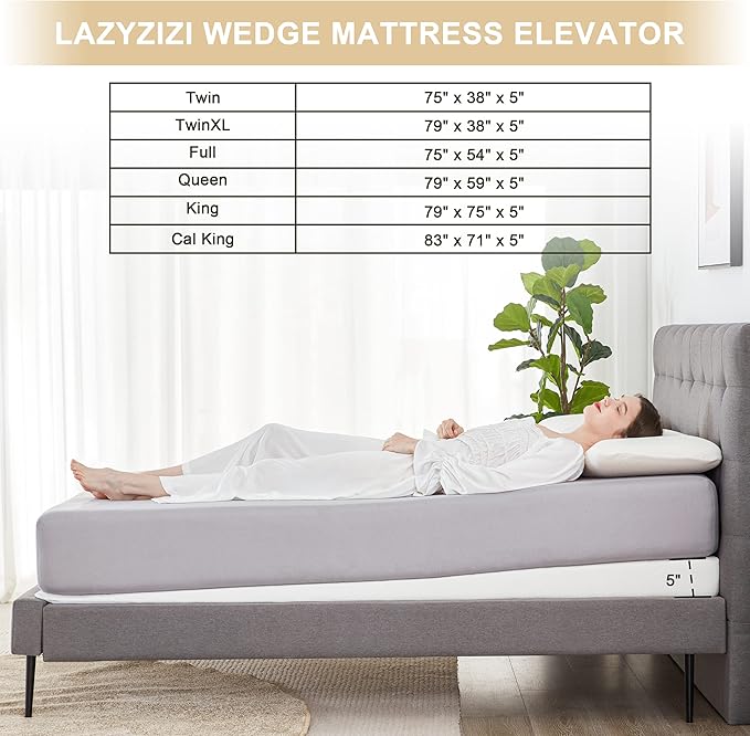 Queen Inclined Wedge Mattress Topper, 5-Inch, Washable, Non-Slip Bottom, Promotes Better Sleep, Reduces Snoring, GERD Relief
