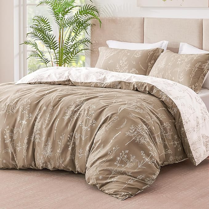 Love's cabin Light Taupe Comforter Set Queen - Queen Size Comforter Set, 3 Pieces Cute Floral Bedding Sets for All Seasons,1 Soft Reversible Botanical Flowers Comforter and 2 Pillow Shams