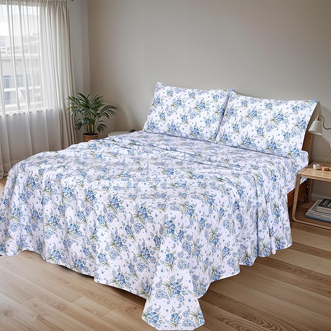 RUVANTI 100% Cotton Sheets – Full Size Percale Bedding, Cooling & Breathable Floral Design, Durable with a Crisp, Soft & Comfortable Feel, 16" Deep Pocket, 4-Piece Set, Paislyona