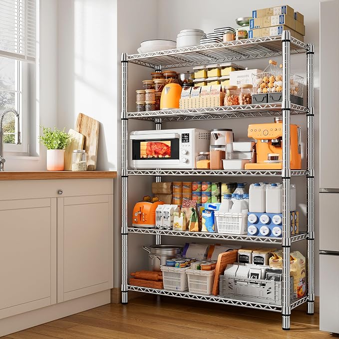 REIBII 5 Tier Metal Shelving Storage Shelves, 71''H Adjustable Wire Shelves Garage Shelving Unit for Kitchen, Pantry, Laundry Room, Warehouse, Office, 71H X 35.5W X 14D, Chrome - Image 4