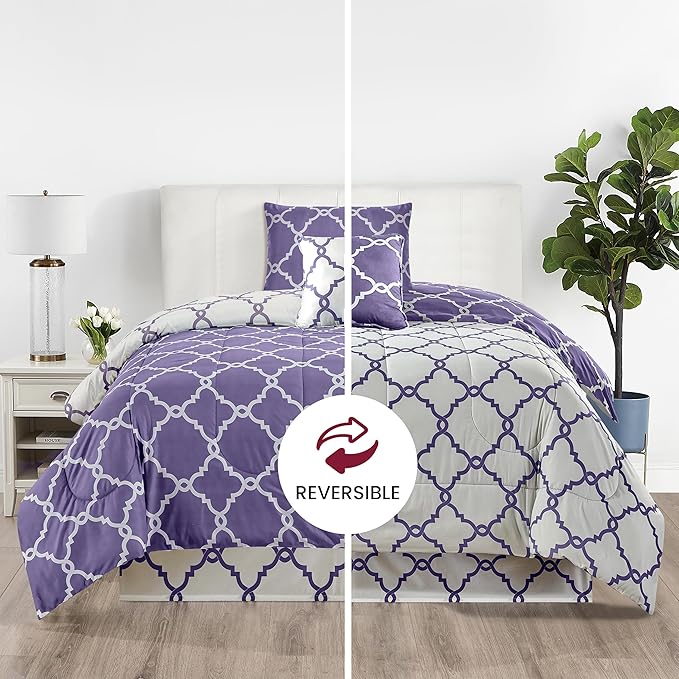 LUX Décor Reversible 4pc Twin Comforter Set, Printed Bedding Set, All-in-One Bed in a Bag, Includes 1 Comforter, 1 Pillow Sham, 1 Decor Pillow & 1 Bed Skirt (Quatrefoil Lavender,Twin)