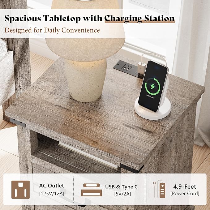 AMERLIFE 5 Pieces Farmhouse Bedroom Set, Includes Rustic King Bed Frame with 51" Tall Headboard, 6 Drawer Dresser, 5 Drawer Tall Chest, Nightstands Set of 2 with Charging Station, Rustic Grey