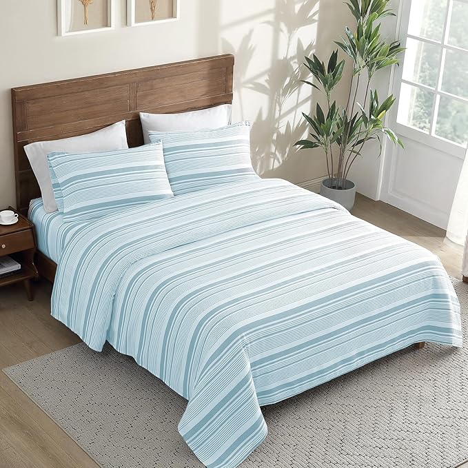 ClevaHome Classic Stripe Sheet Set - 4 Pieces Super Soft & Breathable Bed Sheet Set with Deep Pocket, Enhanced Comfort & Easy Care (King, Glacier Stripe)
