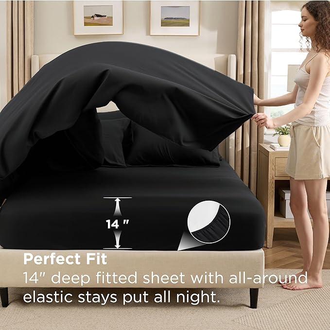 Bedsure Premium Series 7 Piece Black Queen Comforter Set, Goose Down Alternative, All Season Medium Warmth, Soft Hotel Luxury Bed in a Bag, Safe for Sensitive Skin, Includes Sheets Pillowcases Shams