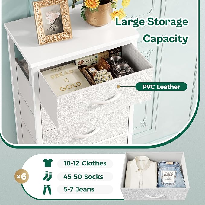 Huuger 43.3 Inch Tall Dresser for Bedroom, 6 Drawer Dresser & Chests of Drawers, Fabric Dresser for Closet, Bedroom, Night Stand, End Table with Metal Frame, Storage Tower with Fabric Bins, White - Image 7