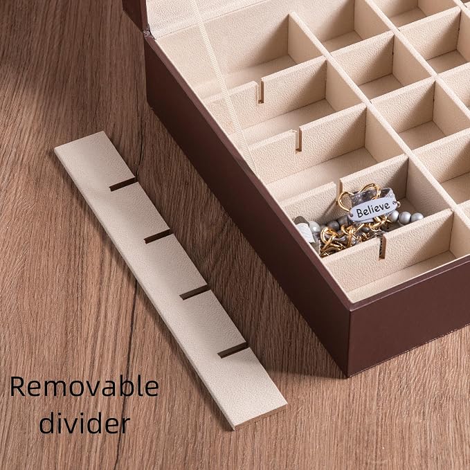 Frebeauty Earring Organizer Classic Jewelry Box 50 Slots Double Layer Jewelry Storage Case with 6 Necklace Hook and Bracelet Pocket(Dark Brown) - Image 5