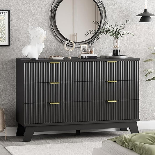 Xixini Fluted Dresser for Bedroom with 6 Drawers, 48" Wide Wooden Chest of Drawers with Metal Handle, Modern Dresser TV Stand, Wood Closet Clothes Storage Organizer for Living Room, Hallway, Black