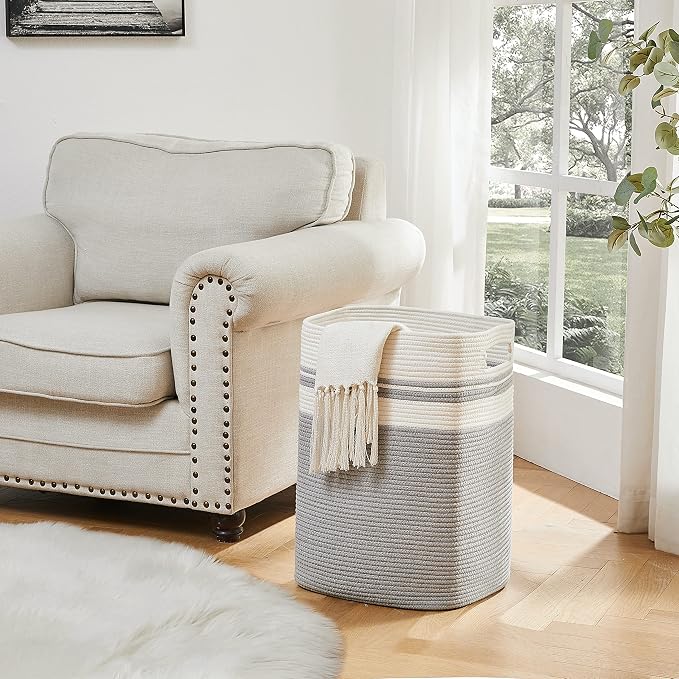 OIAHOMY Laundry Hamper, Tall Cotton Decorative Blanket Storage Basket with Handles for Living room,Collapsible Large Baskets for Toys,Pillows,Clothes Organizer-16x13x22in-Gray - Image 2