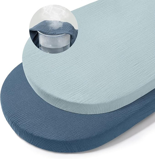 Basumee Muslin Bassinet Sheets for Baby Girl Boy 2 Pack Soft Breathable Baby Bedside Bassinet Fitted Sheets with Bottom Elastic Band Mattress Cover for Rectangle Oval Hourglass Bassinets