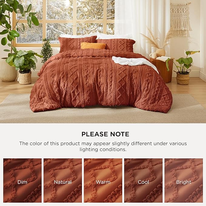 Bedsure Tufted Boho Comforter Set Queen Size - Terracotta Boho Bed Set, GentleSoft™ 3 Pieces Farmhouse Shabby Chic Embroidery Bedding, Gifts for Woman, Soft Jacquard Queen Comforter for All Seasons