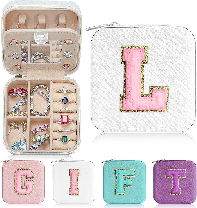 Parima Travel Jewelry Case - Initial Jewelry Boxes, Travel Gifts for Women Girl, Ring, Necklace, Earring Organizer Box - Initial L, White by PARIMA