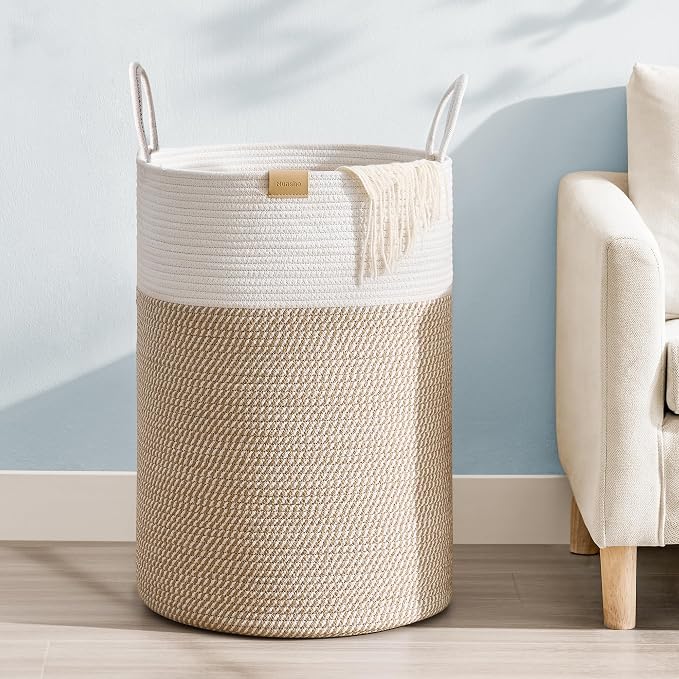 Nunsino Laundry Hamper 75L,Large Laundry Basket for Clothes,Decorative Storage Basket for Blankets,Cotton Rope Woven basket for bedroom,Brown White by Nunsino