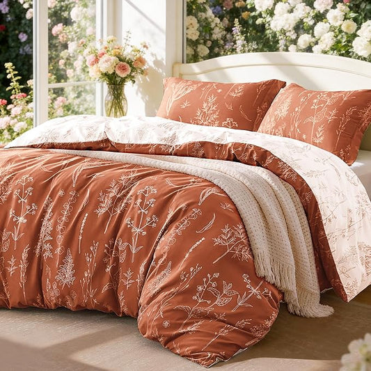 Love's cabin Terracotta Comforter Set King - King Size Comforter Set, 3 Pieces Cute Floral Bedding Sets for All Seasons,1 Soft Reversible Botanical Flowers Comforter and 2 Pillow Shams