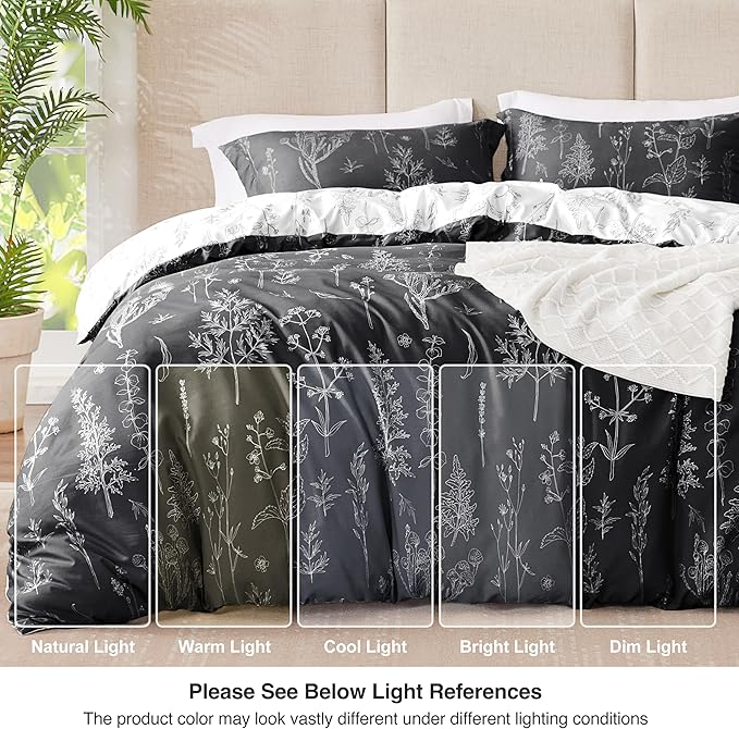 Love's cabin Black Queen Comforter Set - Queen Size Comforter Set, 3 Pieces Cute Floral Bedding Sets for All Seasons,1 Soft Reversible Botanical Flowers Comforter and 2 Pillow Shams