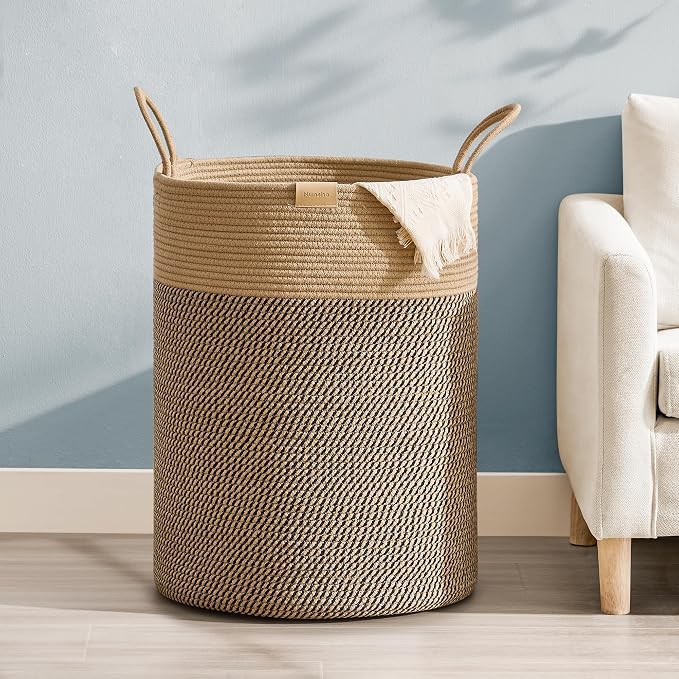 Nunsino Laundry Hamper 95L,Large Laundry Basket for Clothes,Decorative Storage Basket for Blankets,Cotton Rope Woven basket for bedroom,Dark Brown by Nunsino