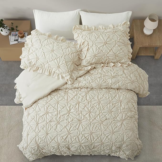BEDAZZLED King Size Comforter Sets, Beige Bedding Comforter Set, 3 Pieces Pinch Pleat Bedding Sets with Comforter and Pillowcases Soft Farmhouse Shabby Chic Comforter for All Season