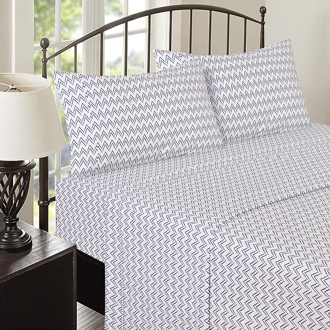 RUVANTI 100% Cotton Sheets – King Size Percale Bedding, Cooling & Breathable Floral Design, Durable with a Crisp, Soft & Comfortable Feel, 16" Deep Pocket, 4-Piece Set, Chevron