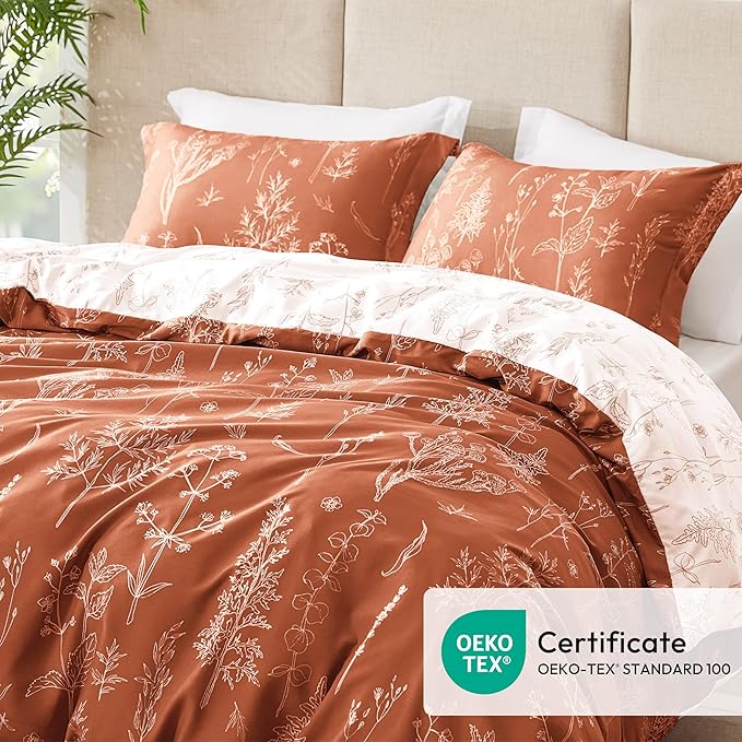 Love's cabin Terracotta Full Comforter Set - Full Size Comforter Set, 3 Pieces Cute Floral Bedding Sets for All Seasons,1 Soft Reversible Botanical Flowers Comforter and 2 Pillow Shams