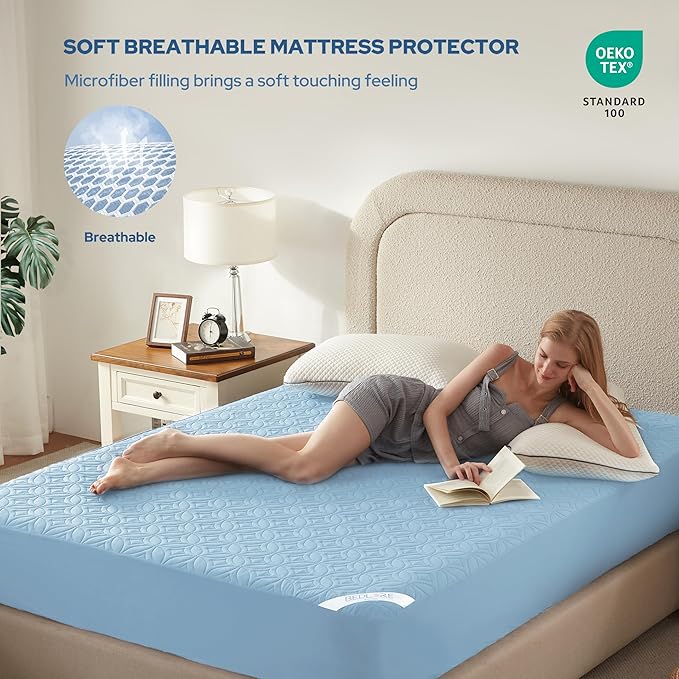 BEDLORE Waterproof Mattress Protector,King Size Mattress Pad with Deep Pocket 6"-18" Depth, Soft Dirt-Proof Double Bed Mattress Cover for Bedroom, College Dorm, Hotel (Sky Blue)