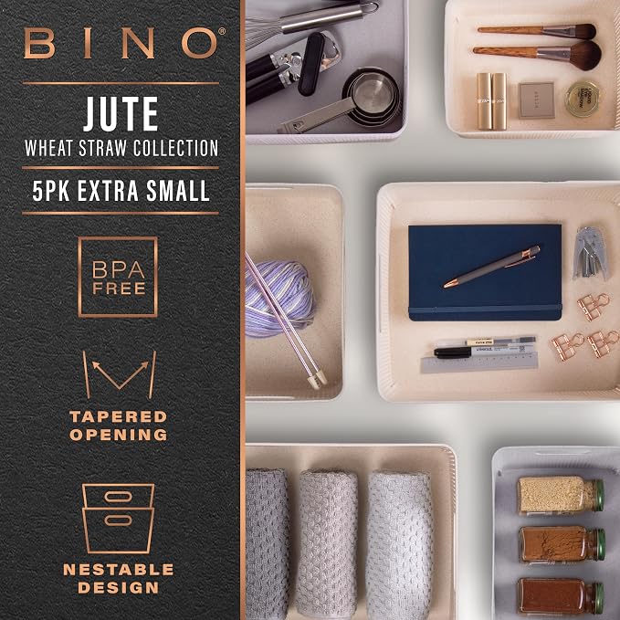 BINO | Woven Plastic Basket | XS (Natural Grey), 5-Pack | THE JUTE COLLECTION | Home Organization, Space - Saving Storage, Stylish Design | Jute Basket | Plastic Storage Basket - Image 2