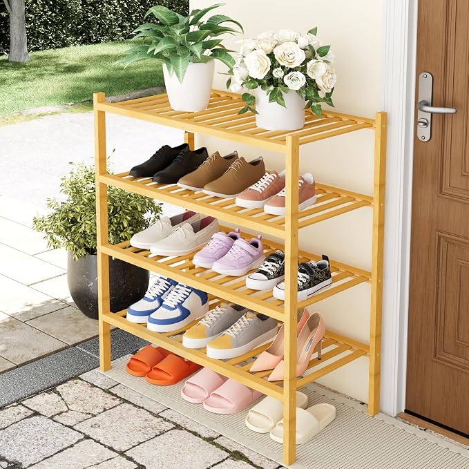 Smiry Shoe Rack, 4 Tier Thick Bamboo Shoe Organizer, Stackable Free Standing Wooden Shoe Storage Shelf for Closet, Entryway, Front Door Entrance, Natural - Image 7