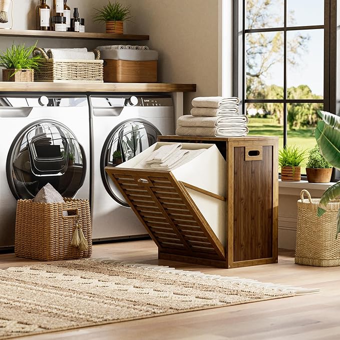 HITNET Bamboo Tilt Out Laundry Hamper, Bathroom Storage Cabinet with Hidden Removable Basket and 3 Sides Cutout Handles, Freestanding Hamper Organizer for Dirty Clothes, Walnut - Image 2