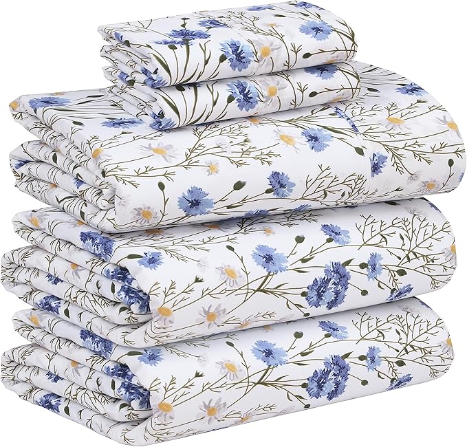 RUVANTI 100% Cotton Sheets – Split King Size Percale Bedding, Cooling & Breathable Floral Design, Durable with a Crisp, Soft & Comfortable Feel, 16" Deep Pocket, 5-Piece Set, Sweet Pea