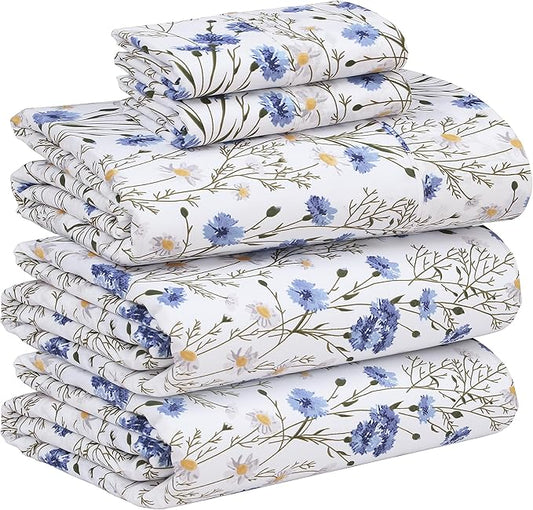 RUVANTI 100% Cotton Sheets – Split King Size Percale Bedding, Cooling & Breathable Floral Design, Durable with a Crisp, Soft & Comfortable Feel, 16" Deep Pocket, 5-Piece Set, Sweet Pea