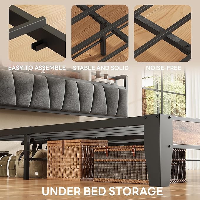 LIKIMIO Twin Bed Frames, Storage Headboard with Charging Station, Solid and Stable, Noise Free, No Box Spring Needed, Easy Assembly
