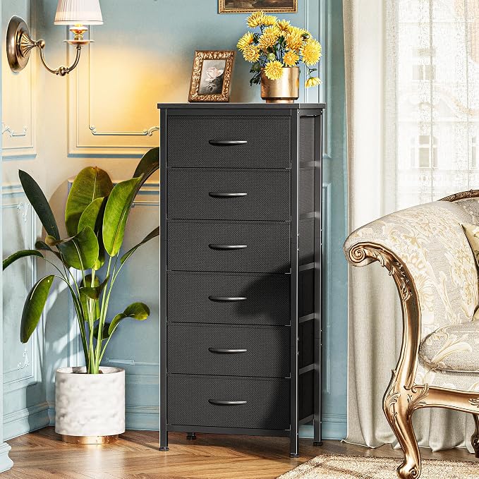 Huuger 43.3 Inch Tall Dresser for Bedroom, 6 Drawer Night Stand & Chests of Drawers, Fabric Dresser for Closet, Bedroom, Nightstand, End Table with Metal Frame, Storage Tower with Fabric Bins, Black - Image 6