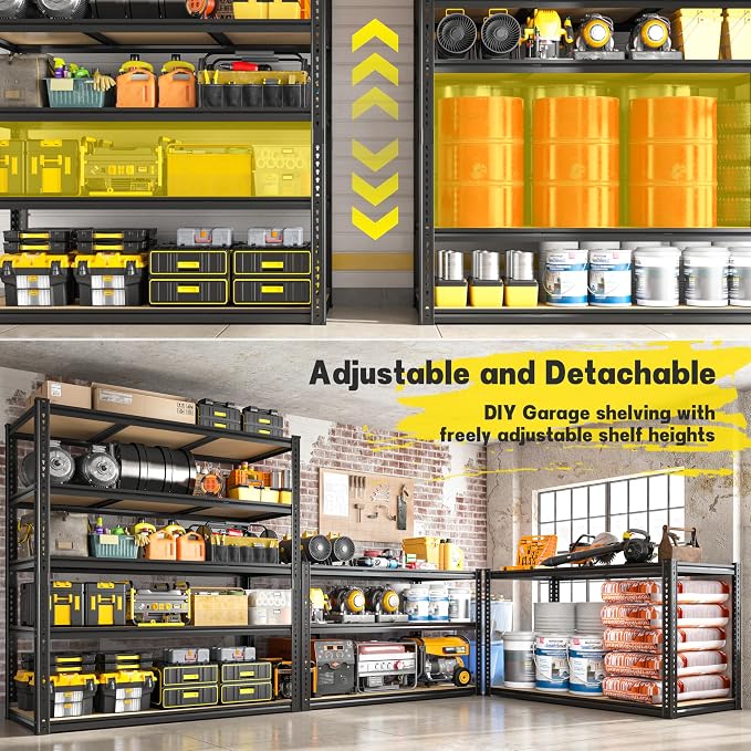 48" W Garage Shelving Heavy Duty 2800LBS Garage Storage Shelves, 5 Tier Adjustable Metal Shelving Unit Utility Rack Shelf for Warehouse, Pantry, Closet, Kitchen 72" H x 48" W x 18" D, Black，2PCS - Image 6